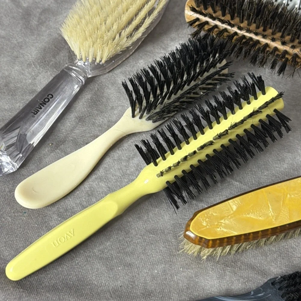 Lot of 11 Vintage Hair Brushes - clear Conair Wooden- Round